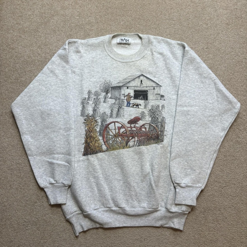 Vtg Farm‎ Dog Sweatshirt Mens Large Gray Crewneck Barn Cottage Ranch Western USA